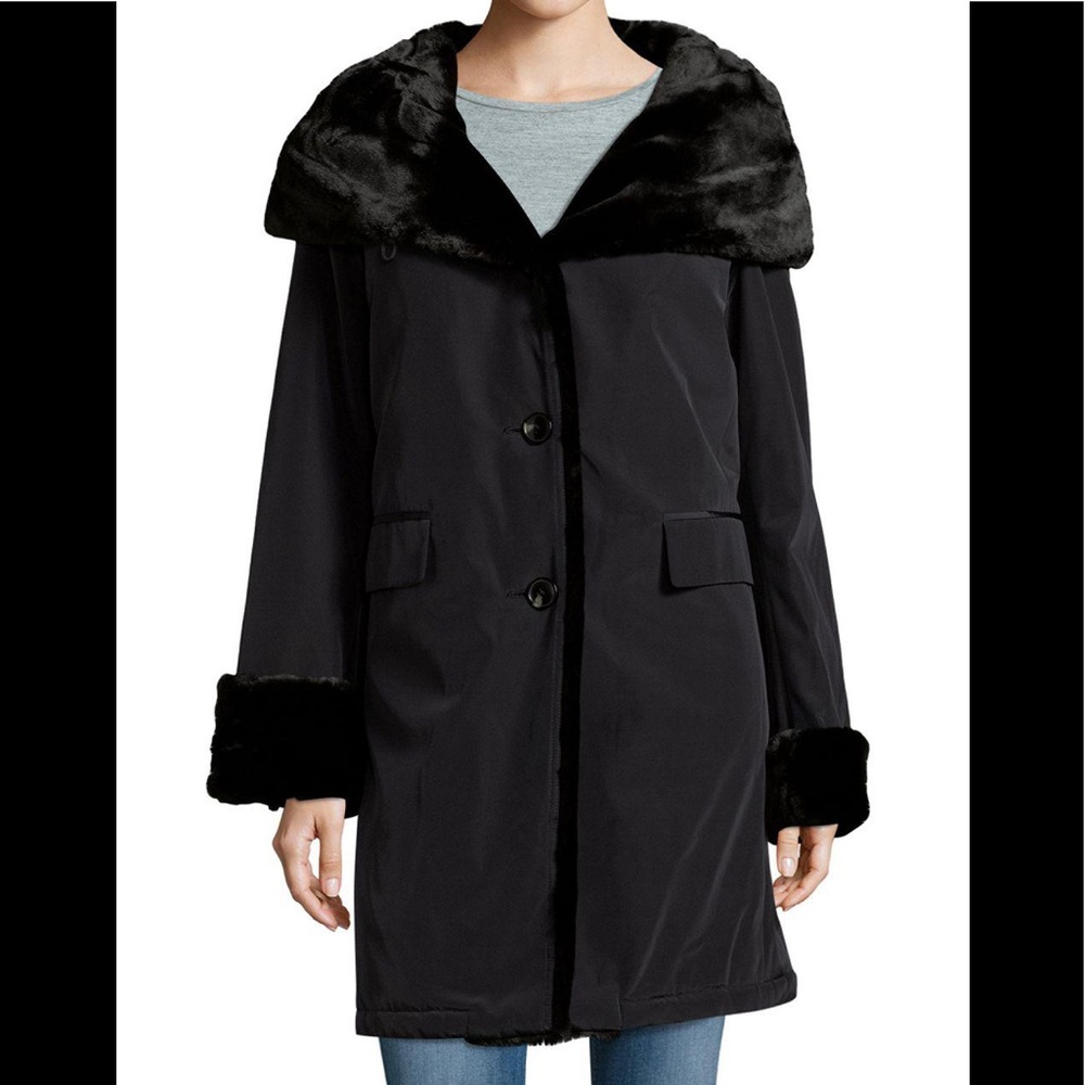 Jane Post Hooded Storm Coat Black w Faux Fur New
